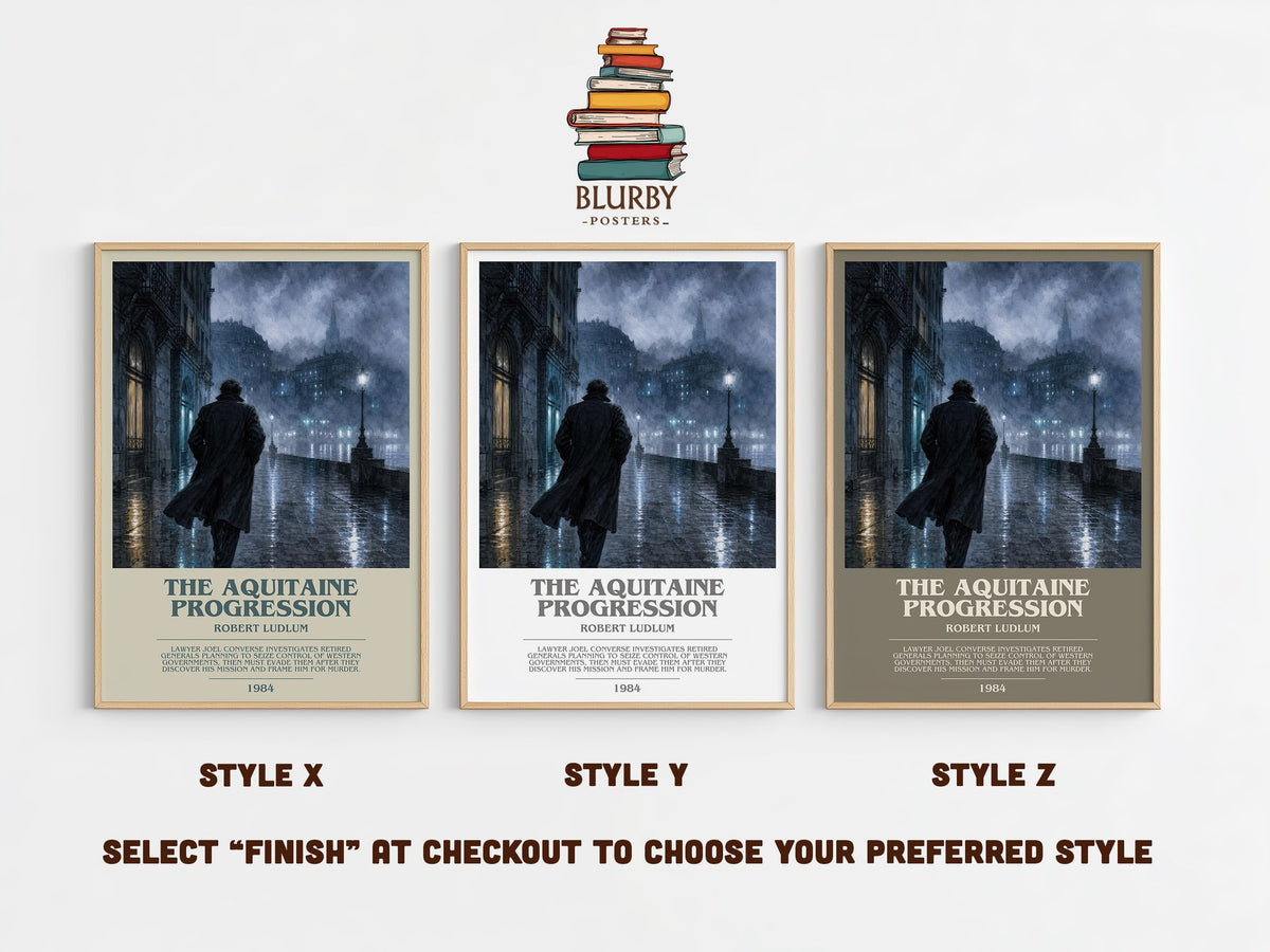 The Aquitaine Progression bookish print in frame leaning in hallway – thriller wall art (mockup)