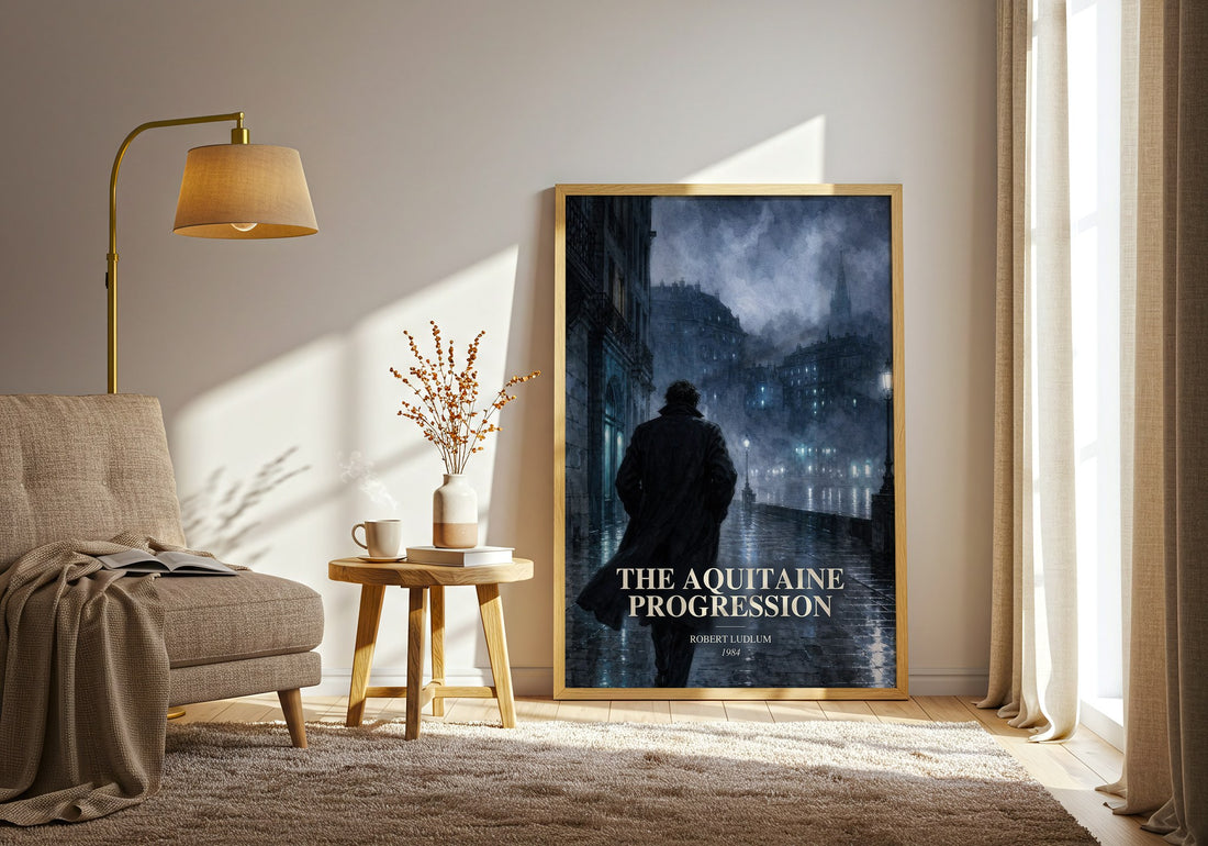 The Aquitaine Progression watercolour print in frame leaning in hallway – thriller wall art (mockup)
