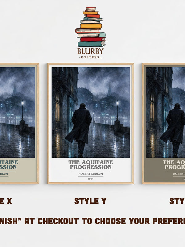 The Aquitaine Progression book cover print in frame leaning in hallway – thriller wall art