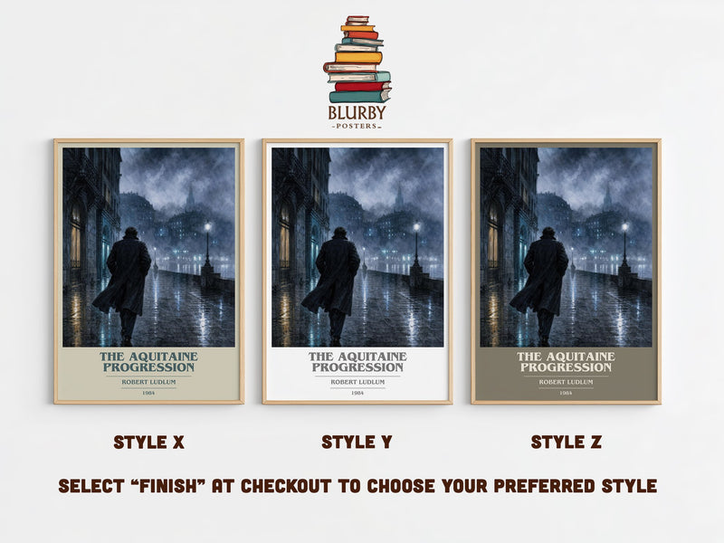 The Aquitaine Progression book cover print in frame leaning in hallway – thriller wall art
