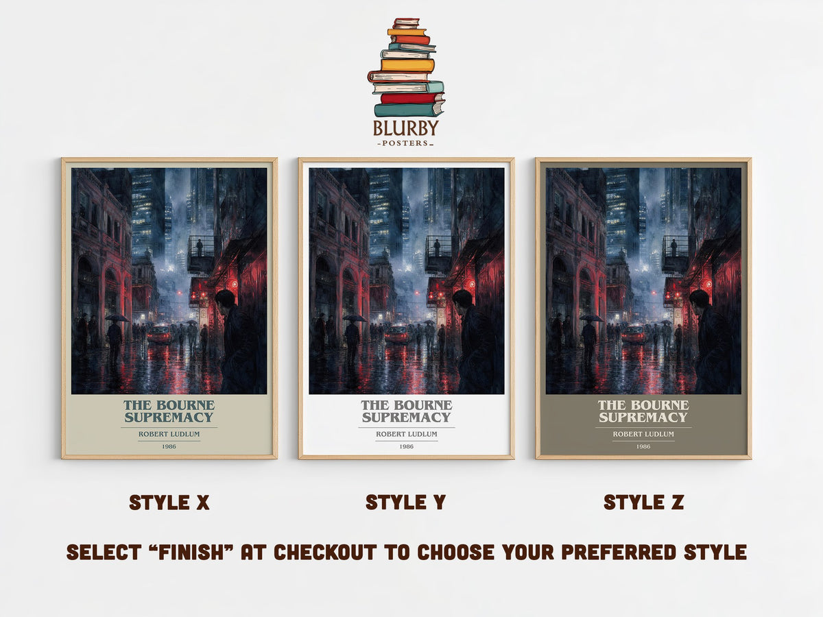 The Bourne Supremacy book cover print in frame leaning in hallway – thriller wall art (mockup)