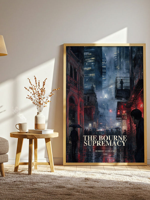 The Bourne Supremacy watercolour print in frame leaning in hallway – thriller wall art