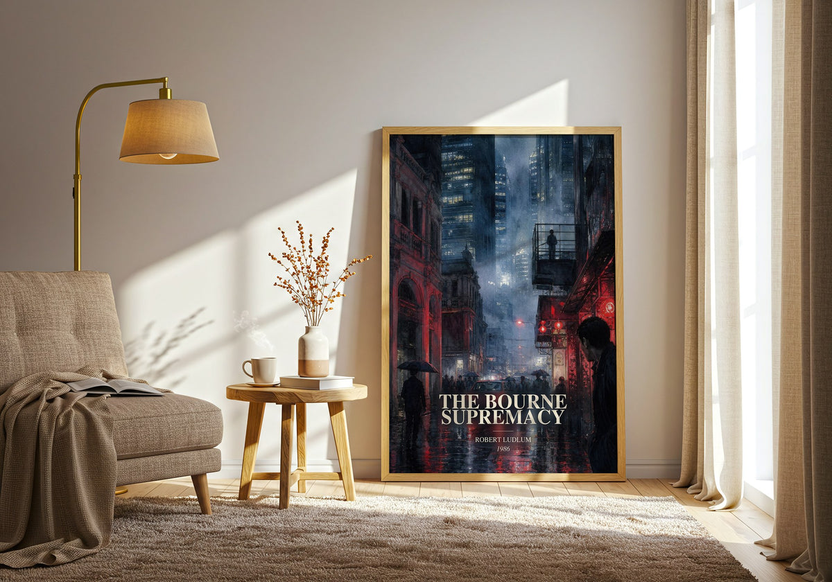 The Bourne Supremacy watercolour print in frame leaning in hallway – thriller wall art (mockup)