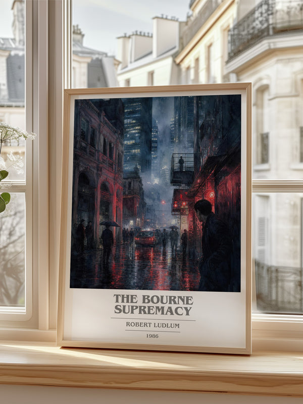 The Bourne Supremacy Book Cover Poster by Robert Ludlum – framed print by a bright window