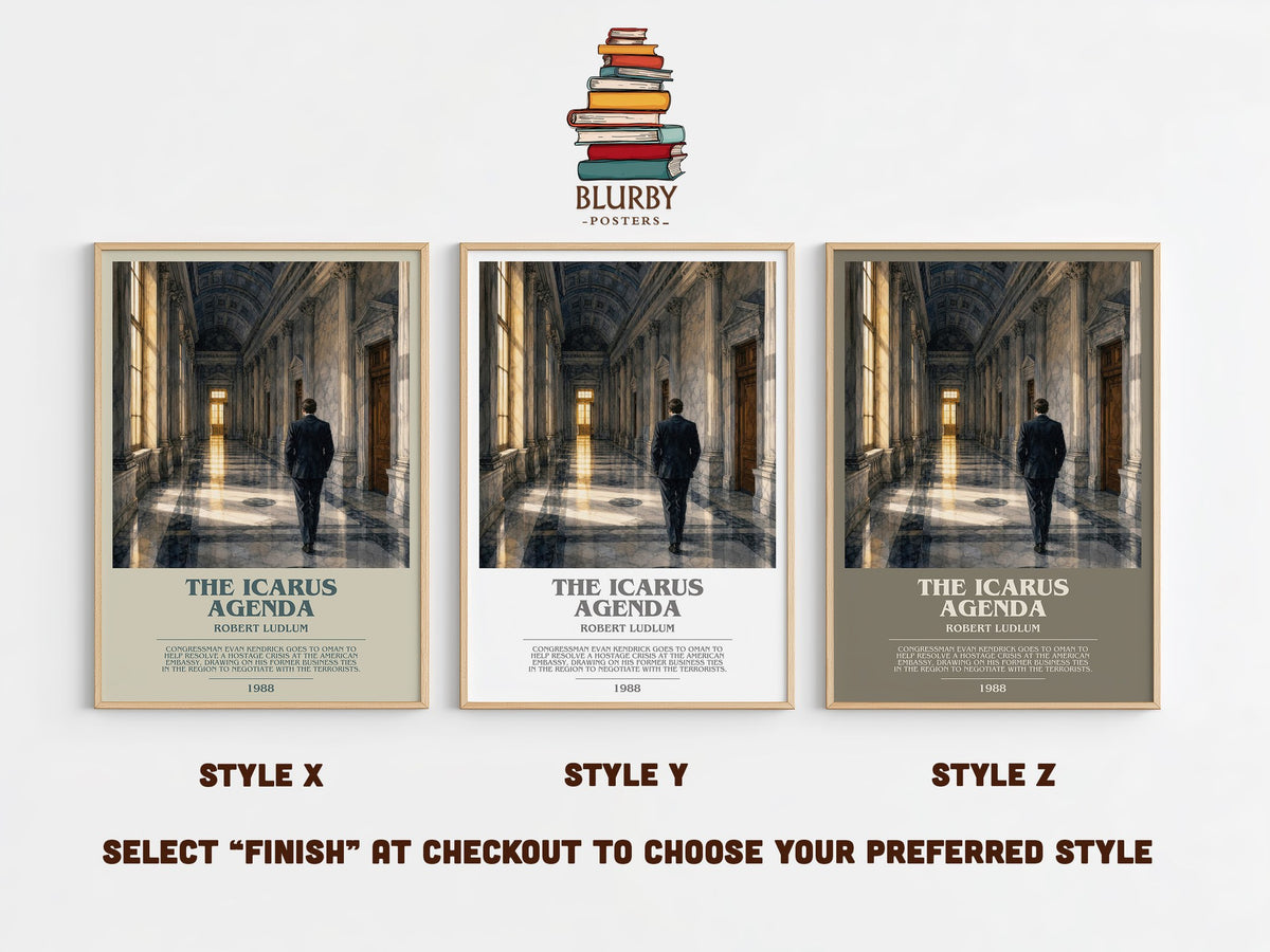 The Icarus Agenda bookish print in frame leaning in hallway – thriller wall art (mockup)