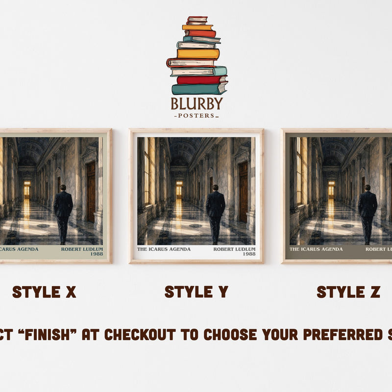 The Icarus Agenda literary print in frame leaning in hallway – thriller wall art