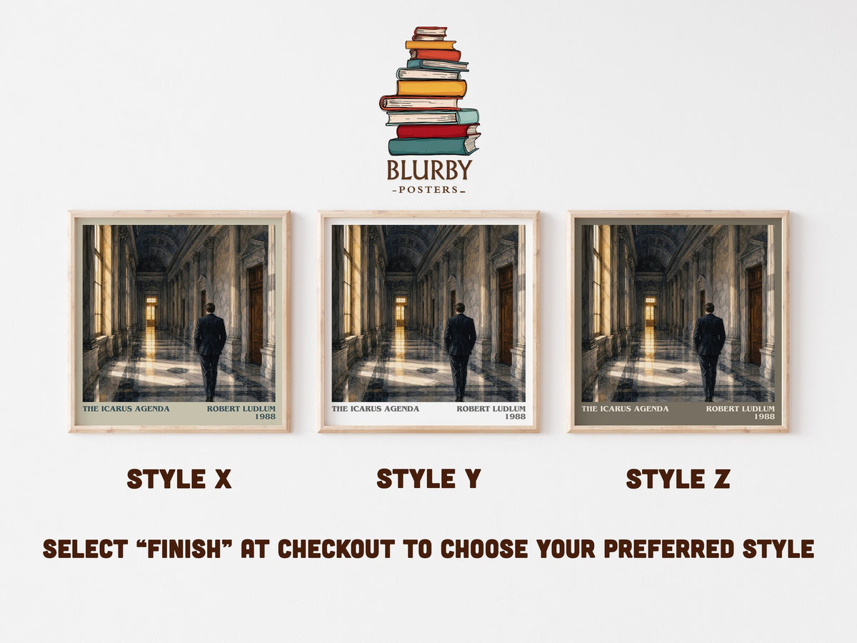 The Icarus Agenda literary print in frame leaning in hallway – thriller wall art (mockup)