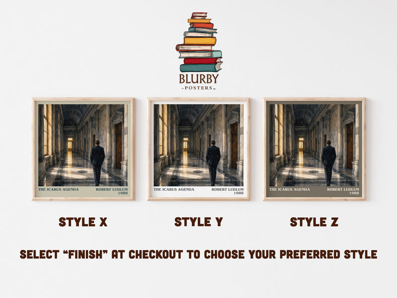 The Icarus Agenda literary print in frame leaning in hallway – thriller wall art