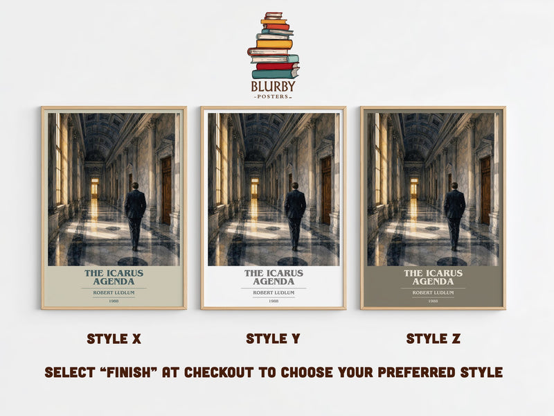 The Icarus Agenda book cover print in frame leaning in hallway – thriller wall art