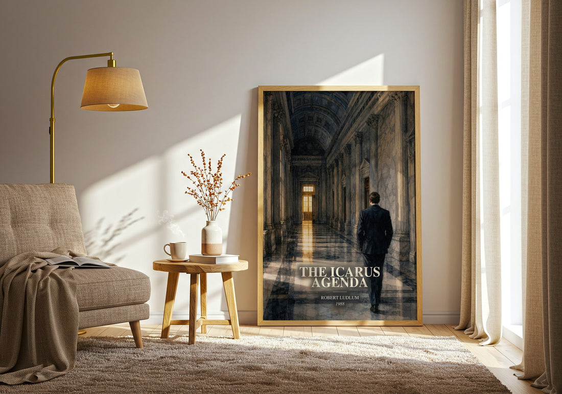 The Icarus Agenda watercolour print in frame leaning in hallway – thriller wall art (mockup)