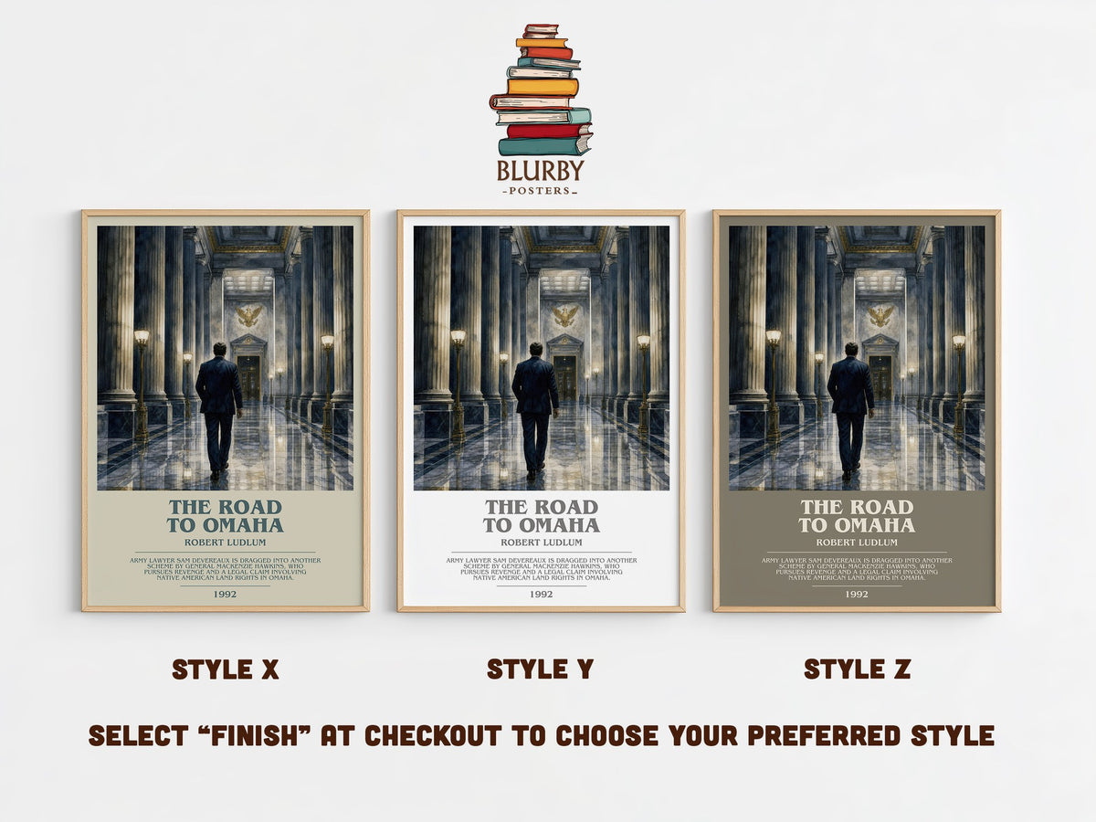 The Road to Omaha bookish print in frame leaning in hallway – thriller wall art (mockup)