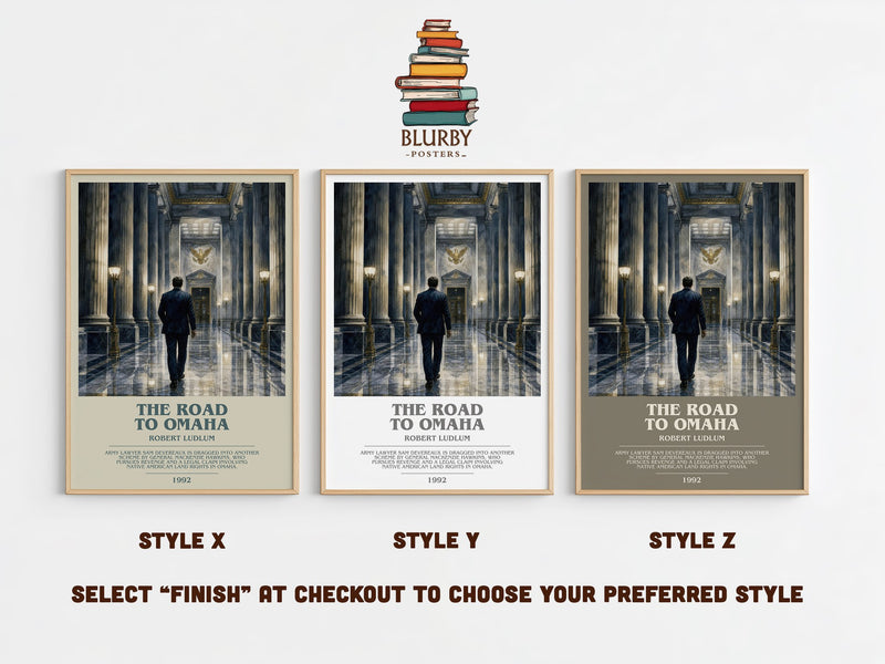 The Road to Omaha bookish print in frame leaning in hallway – thriller wall art