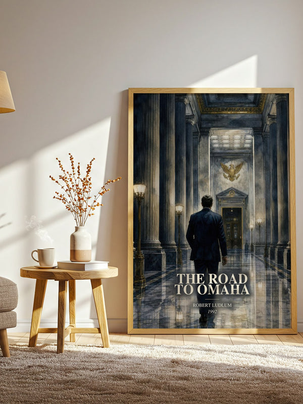 The Road to Omaha watercolour print in frame leaning in hallway – thriller wall art