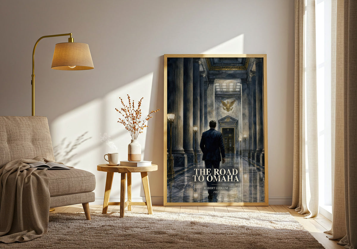 The Road to Omaha watercolour print in frame leaning in hallway – thriller wall art (mockup)