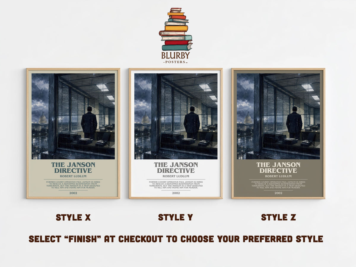 The Janson Directive bookish print in frame leaning in hallway – thriller wall art (mockup)