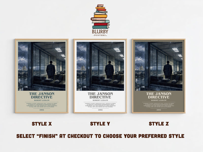 The Janson Directive bookish print in frame leaning in hallway – thriller wall art
