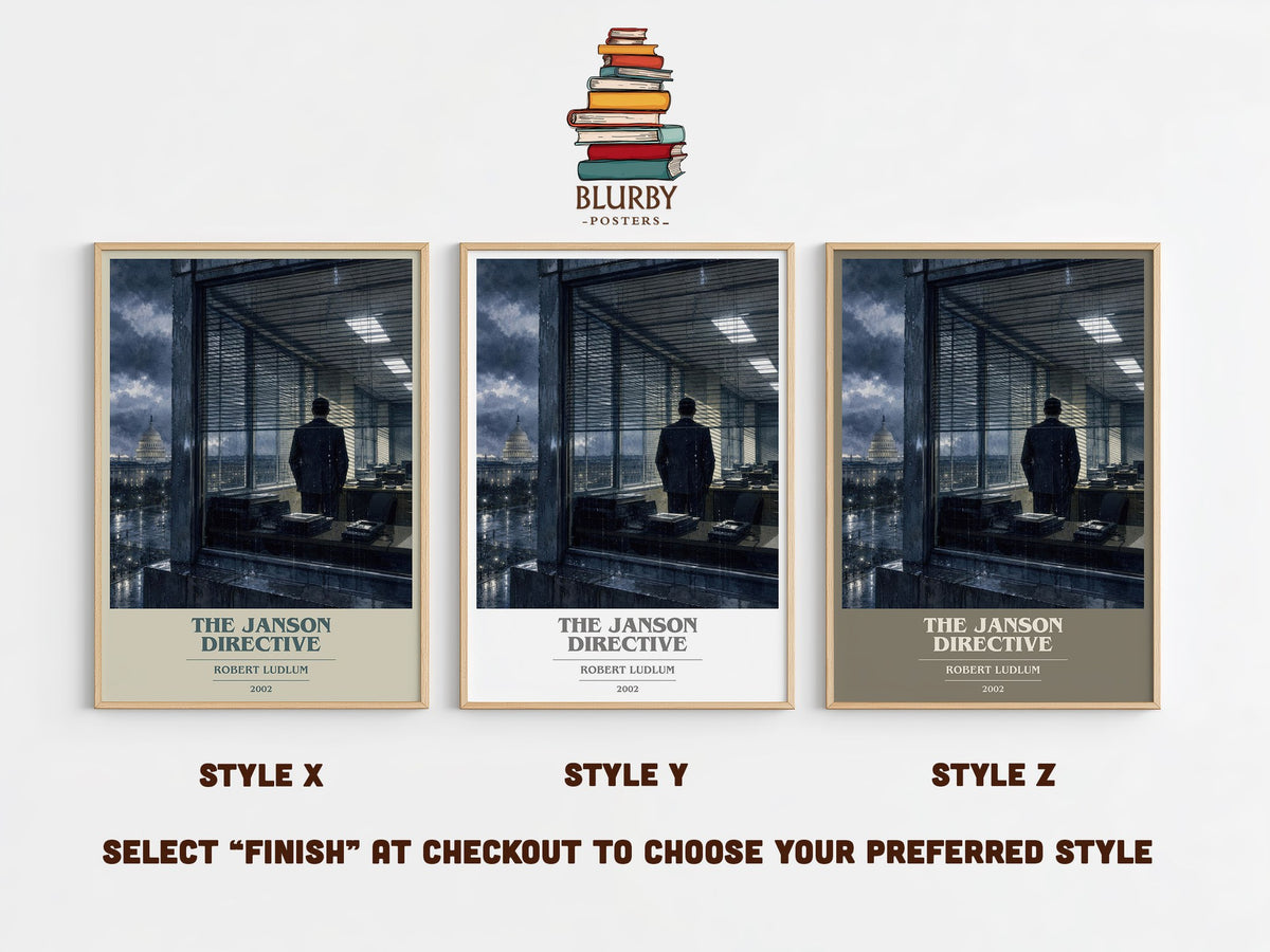 The Janson Directive book cover print in frame leaning in hallway – thriller wall art (mockup)