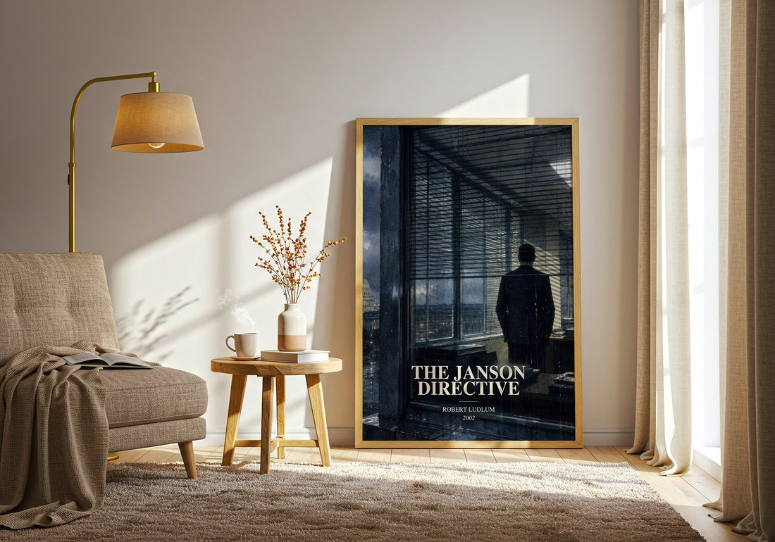 The Janson Directive watercolour print in frame leaning in hallway – thriller wall art (mockup)