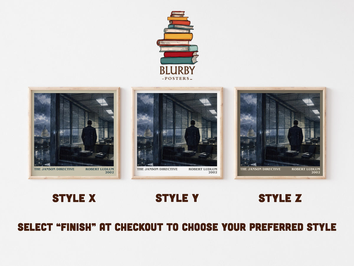 The Janson Directive literary print in frame leaning in hallway – thriller wall art (mockup)