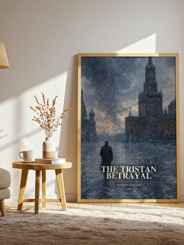 The Tristan Betrayal watercolour print in frame leaning in hallway – thriller wall art