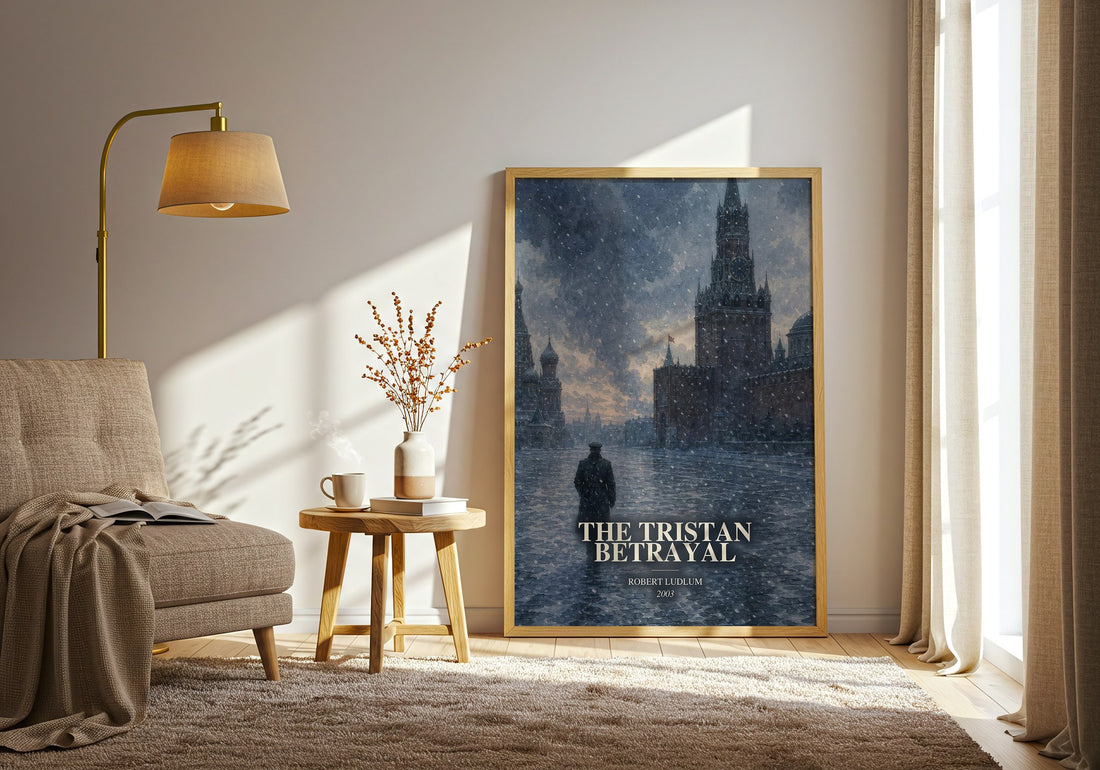 The Tristan Betrayal watercolour print in frame leaning in hallway – thriller wall art (mockup)