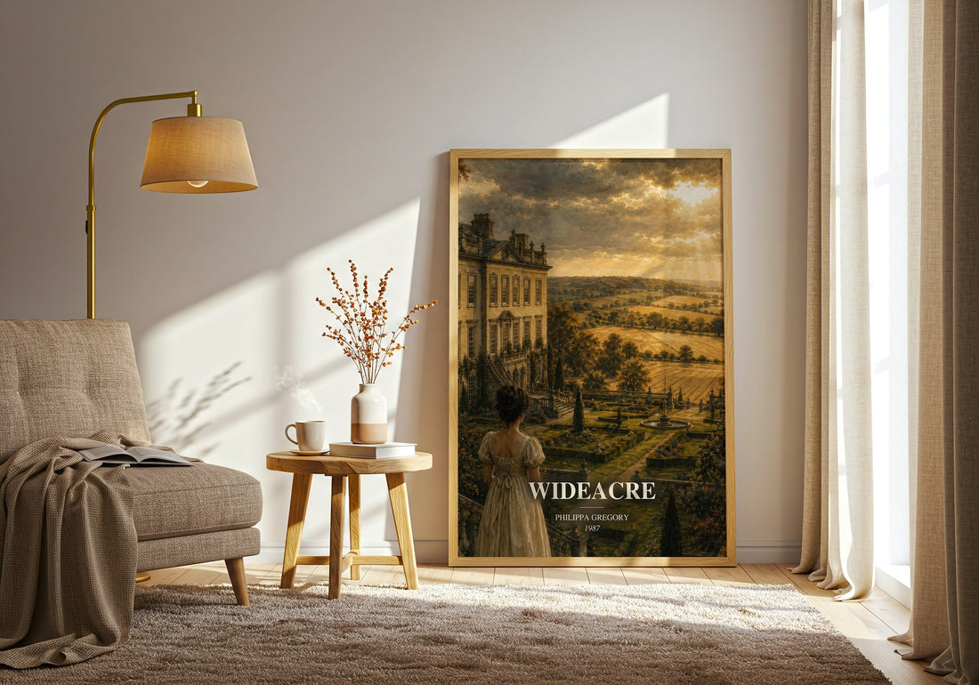 Wideacre watercolour print in frame leaning in hallway – historical fiction wall art (mockup)