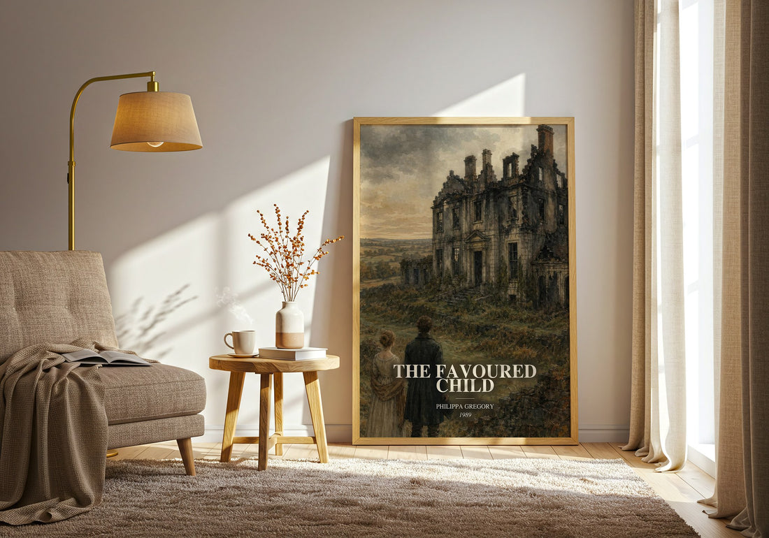 The Favoured Child watercolour print in frame leaning in hallway – historical fiction wall art (mockup)