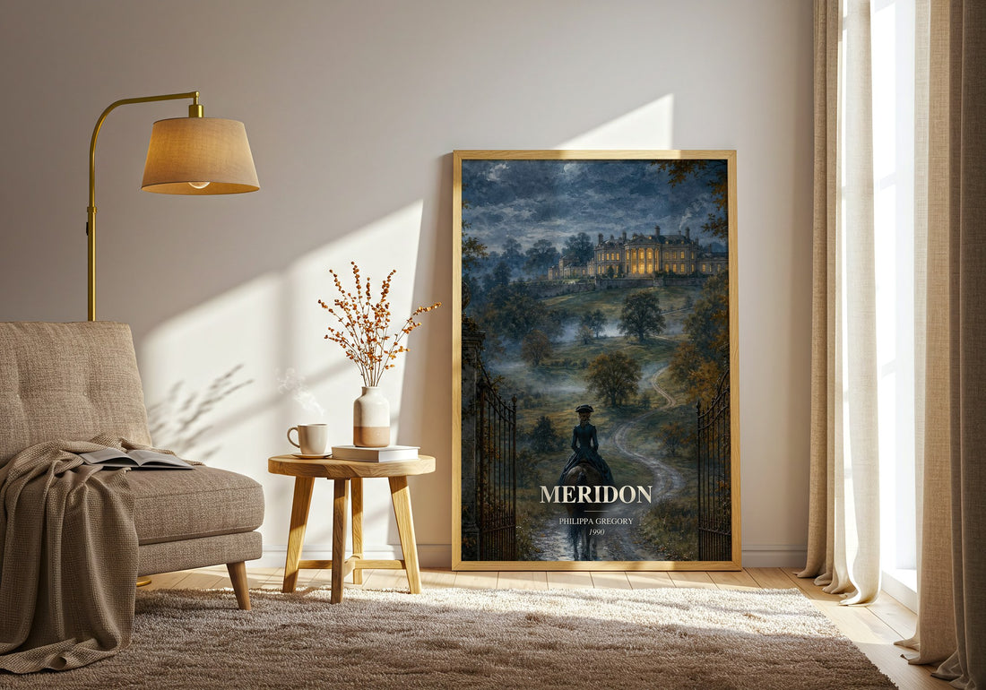 Meridon watercolour print in frame leaning in hallway – historical fiction wall art (mockup)