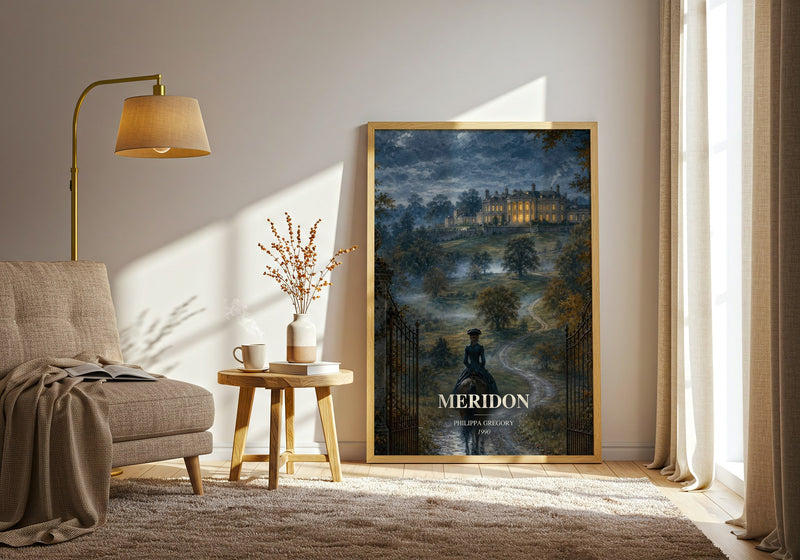 Meridon watercolour print in frame leaning in hallway – historical fiction wall art