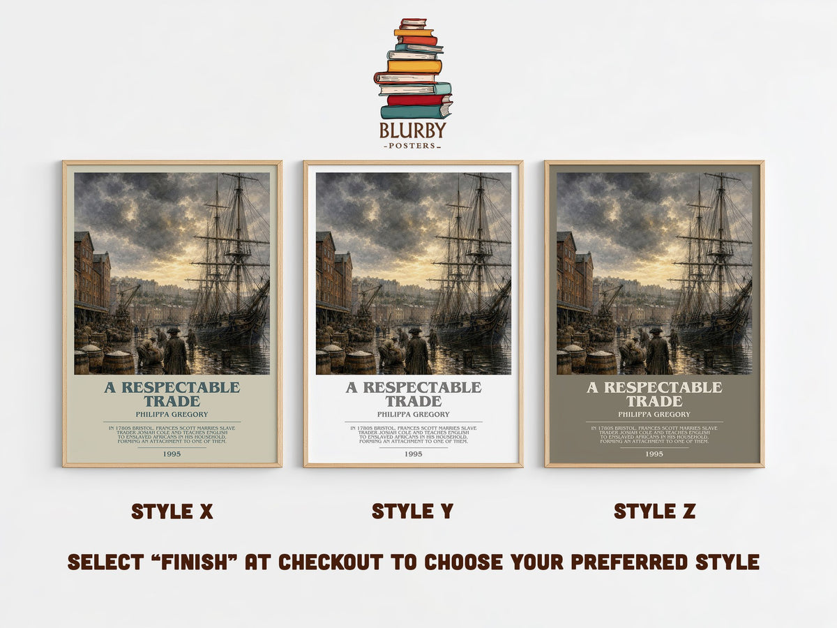 A Respectable Trade bookish print in frame leaning in hallway – historical fiction wall art (mockup)