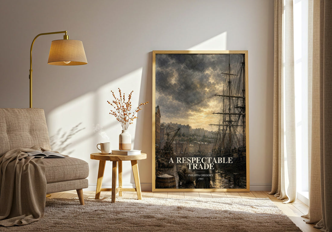 A Respectable Trade watercolour print in frame leaning in hallway – historical fiction wall art (mockup)