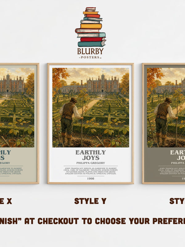Earthly Joys bookish print in frame leaning in hallway – historical fiction wall art