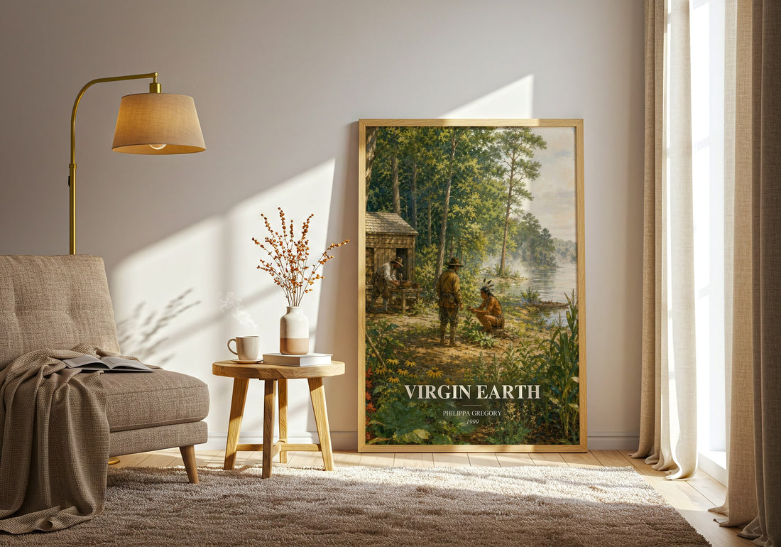 Virgin Earth watercolour print in frame leaning in hallway – historical fiction wall art (mockup)