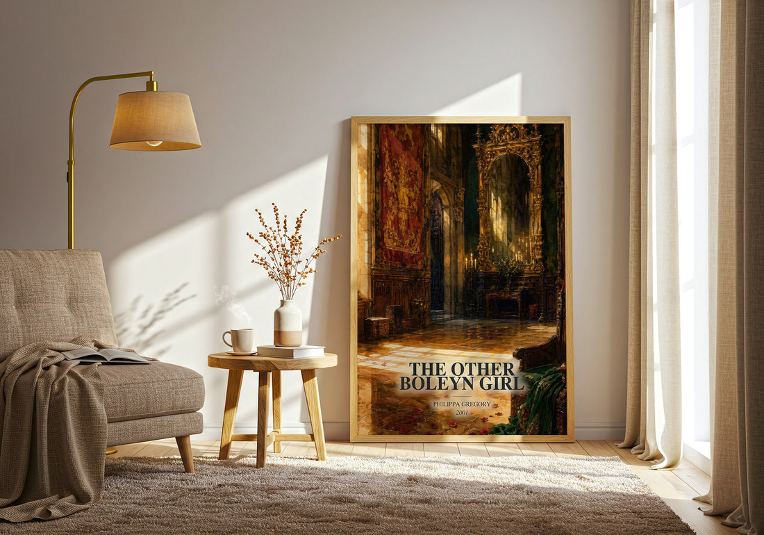 The Other Boleyn Girl watercolour print in frame leaning in hallway – historical fiction wall art (mockup)