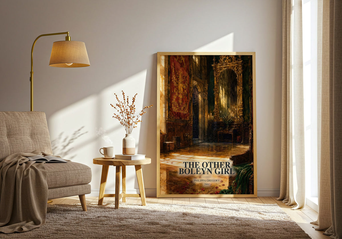 The Other Boleyn Girl watercolour print in frame leaning in hallway – historical fiction wall art (mockup)