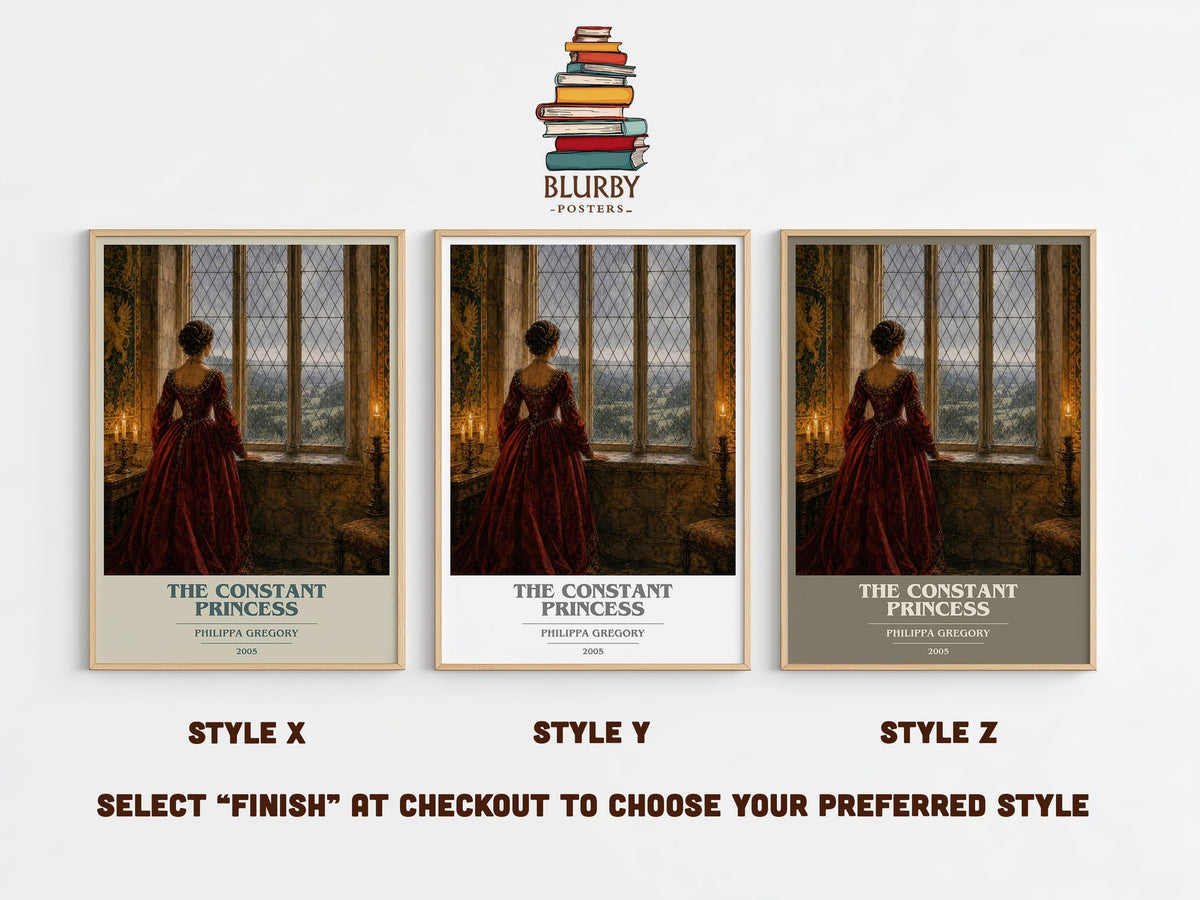 The Constant Princess book cover print in frame leaning in hallway – historical fiction wall art (mockup)