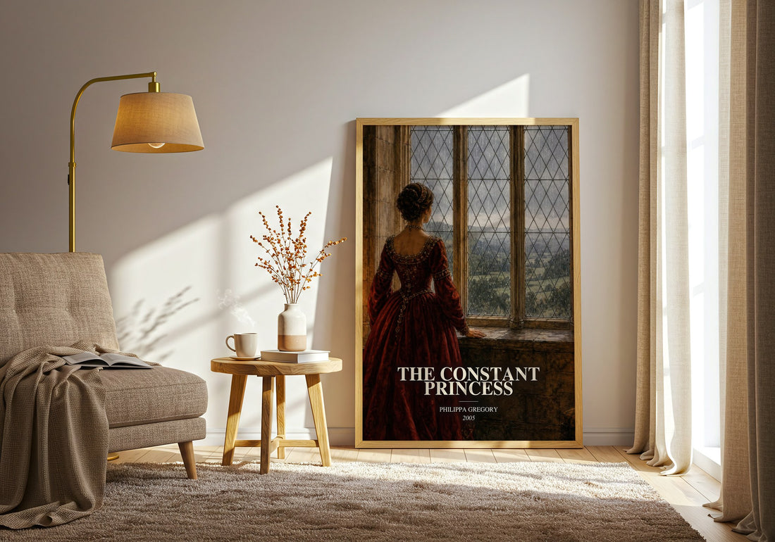 The Constant Princess watercolour print in frame leaning in hallway – historical fiction wall art (mockup)