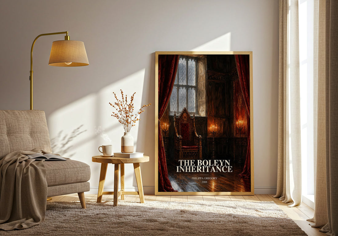 The Boleyn Inheritance watercolour print in frame leaning in hallway – historical fiction wall art (mockup)