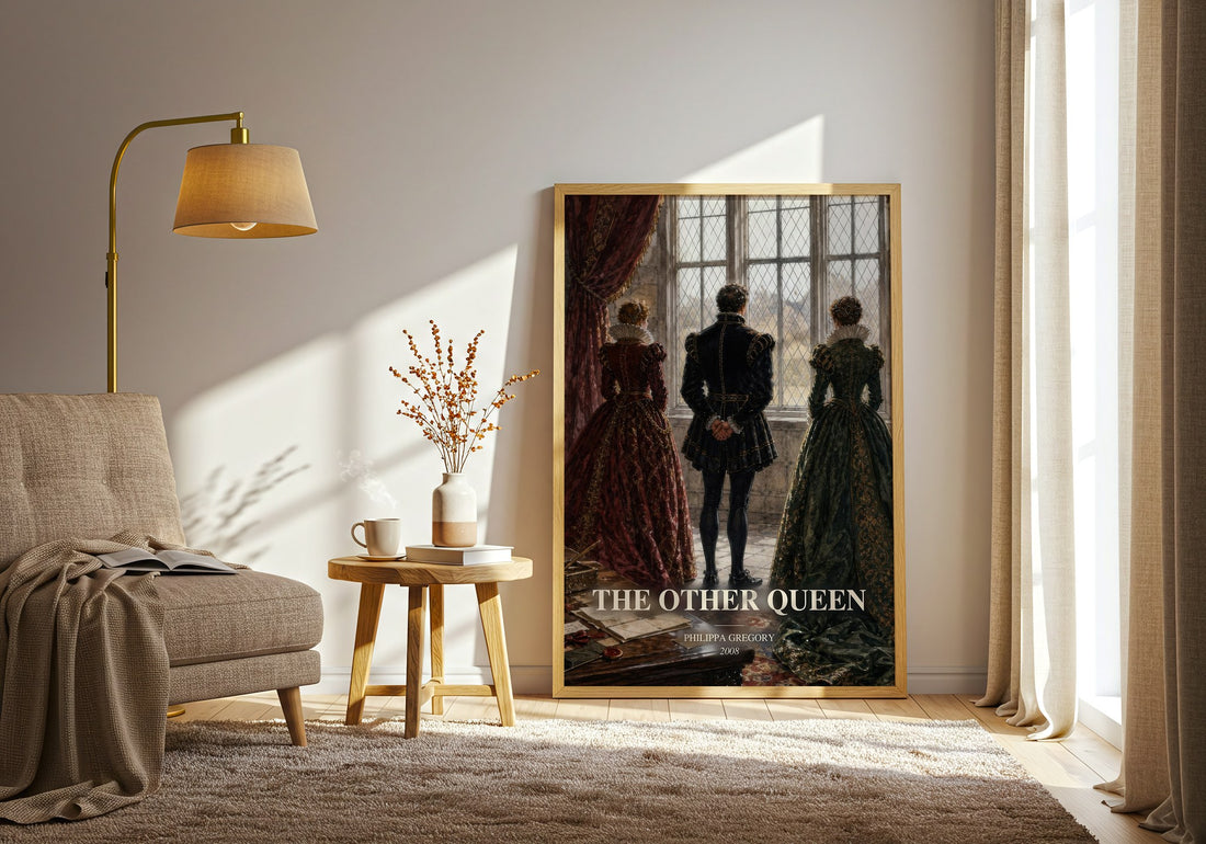 The Other Queen watercolour print in frame leaning in hallway – historical fiction wall art (mockup)