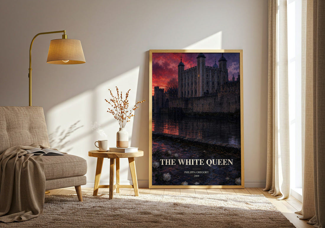 The White Queen watercolour print in frame leaning in hallway – historical fiction wall art (mockup)