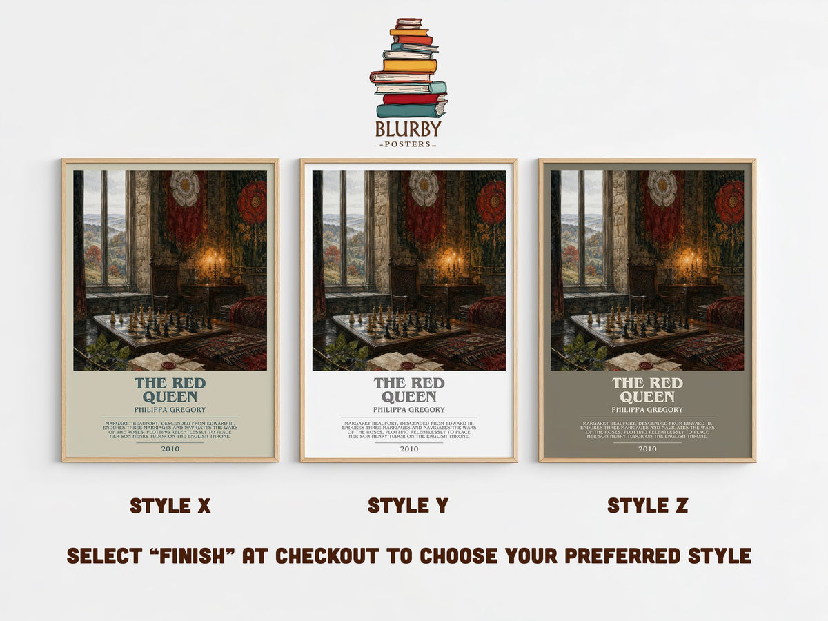 The Red Queen bookish print in frame leaning in hallway – historical fiction wall art (mockup)