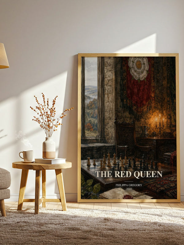 The Red Queen watercolour print in frame leaning in hallway – historical fiction wall art