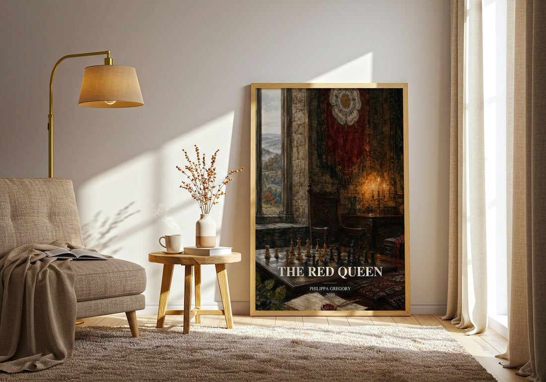 The Red Queen watercolour print in frame leaning in hallway – historical fiction wall art (mockup)
