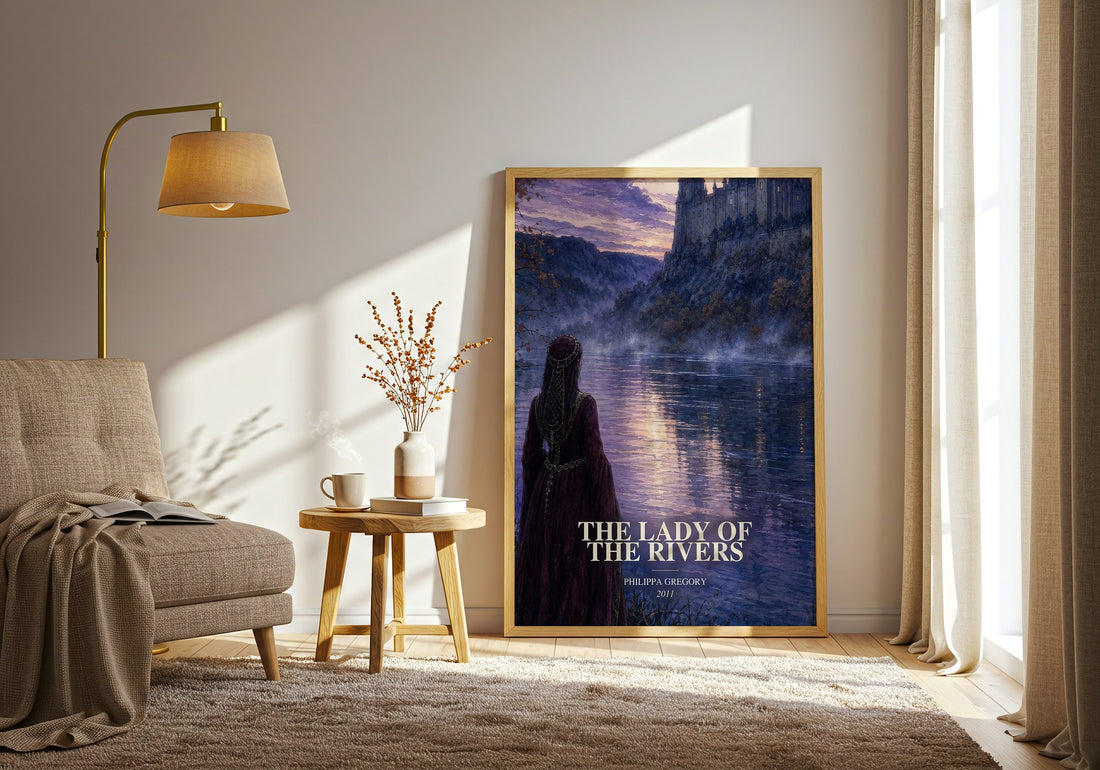 The Lady of the Rivers watercolour print in frame leaning in hallway – historical fiction wall art (mockup)