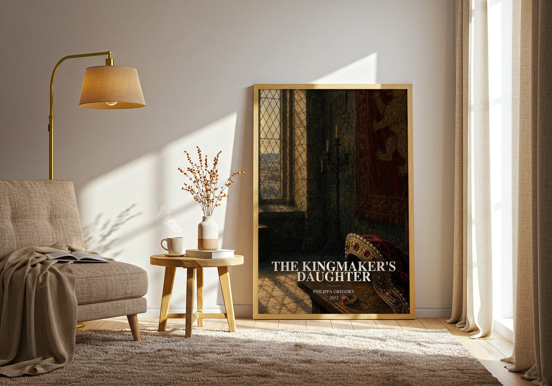 The Kingmaker's Daughter watercolour print in frame leaning in hallway – historical fiction wall art (mockup)