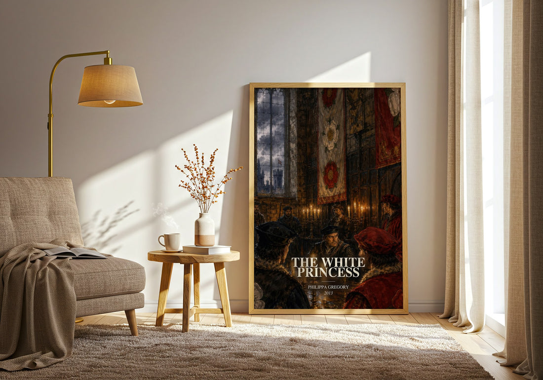 The White Princess watercolour print in frame leaning in hallway – historical fiction wall art (mockup)