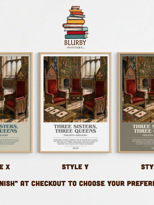 Three Sisters, Three Queens bookish print in frame leaning in hallway – historical fiction wall art