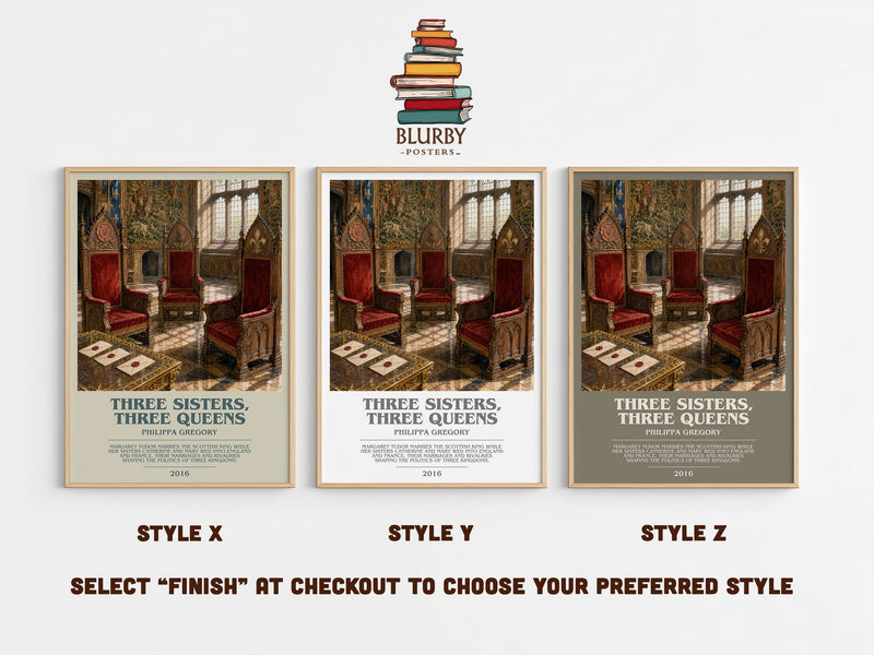 Three Sisters, Three Queens bookish print in frame leaning in hallway – historical fiction wall art