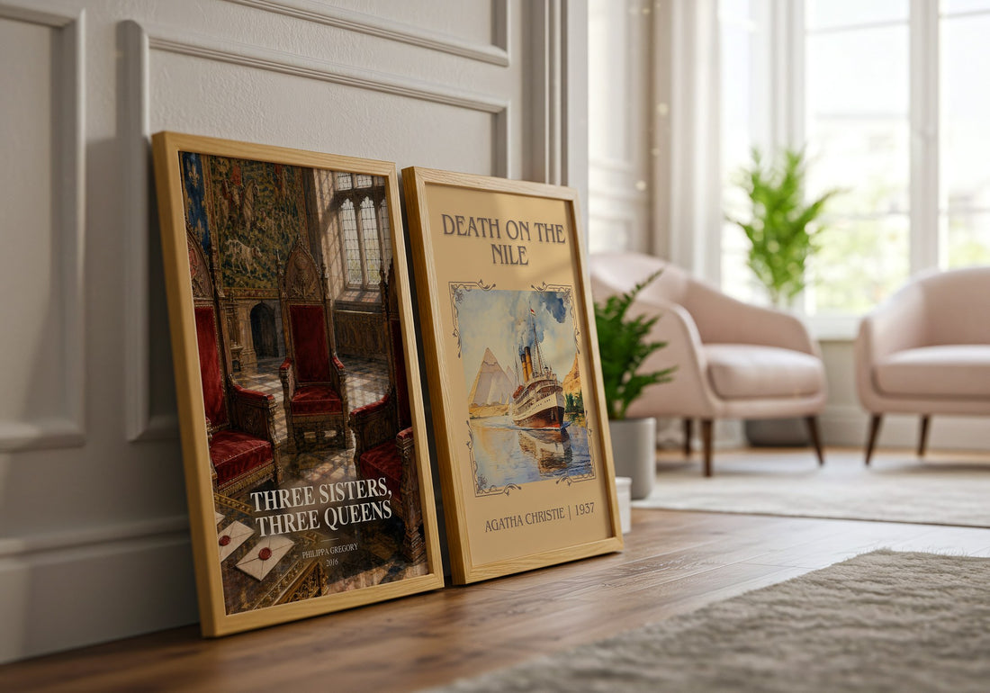 Three Sisters, Three Queens watercolour print framed by window – literary home decor