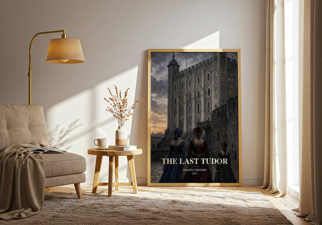 The Last Tudor watercolour print in frame leaning in hallway – historical fiction wall art (mockup)